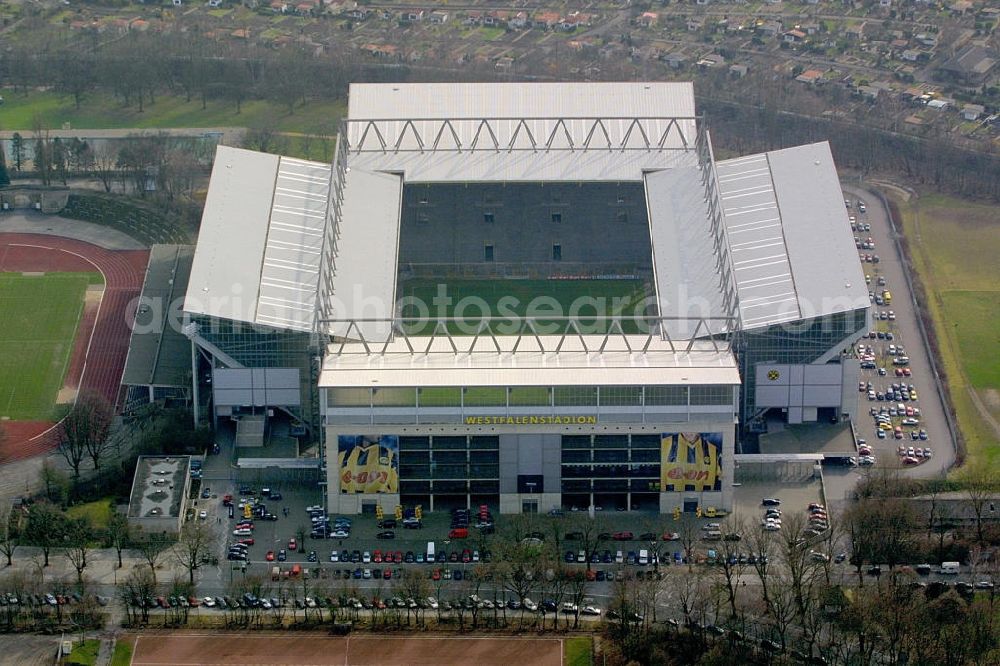 Dortmund from above - Blick auf das Westfalenstadion die Heimat des Fussballvereins Borussia Dortmund.