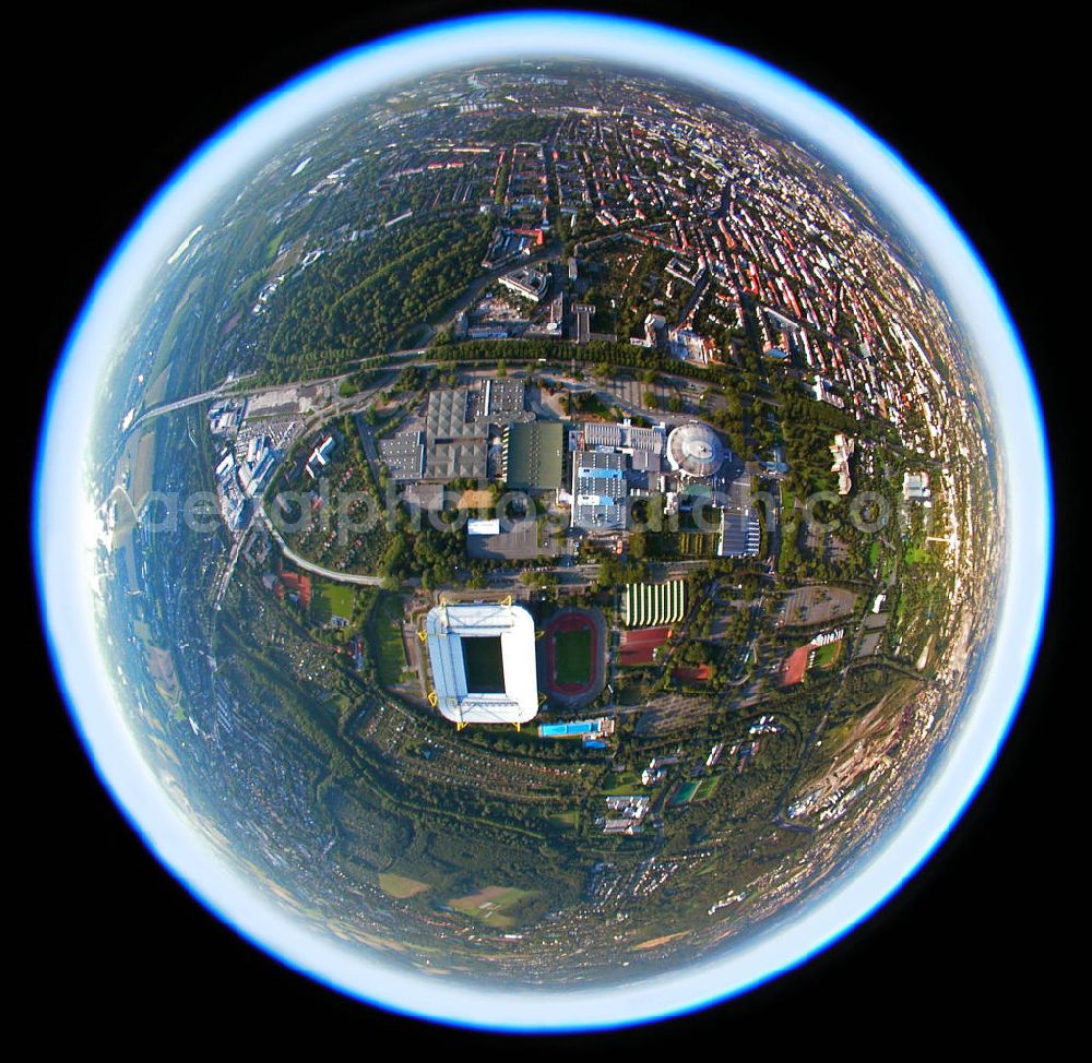 Dortmund from the bird's eye view: Blick auf das Westfalenstadion durch ein Fischaugenobjektiv. Dortmund Westfalenstadium through the fish-eye lense.