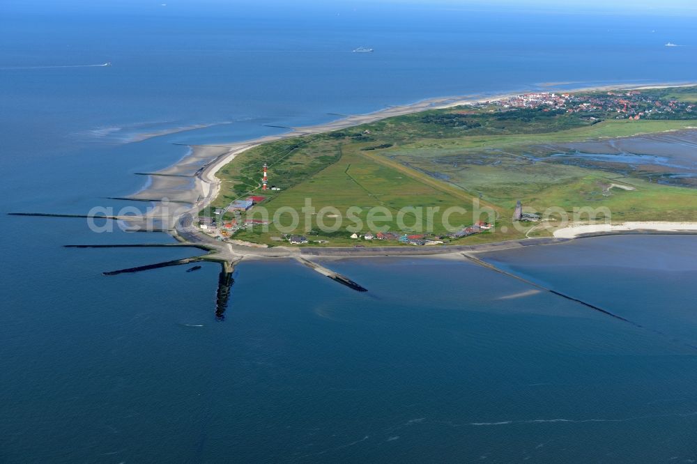 Wangerooge from above - Western coast and settlement on Wangerooge Island in the Wadden Sea of the North Sea in the state of Lower Saxony. Wangerooge is the Eastern-most inhabited of the East Frisian Islands. It has a sand beach and is a spa resort