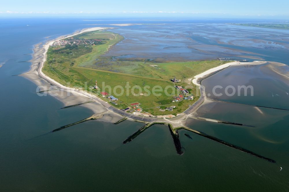 Wangerooge from the bird's eye view: Western coast and settlement on Wangerooge Island in the Wadden Sea of the North Sea in the state of Lower Saxony. Wangerooge is the Eastern-most inhabited of the East Frisian Islands. It has a sand beach and is a spa resort