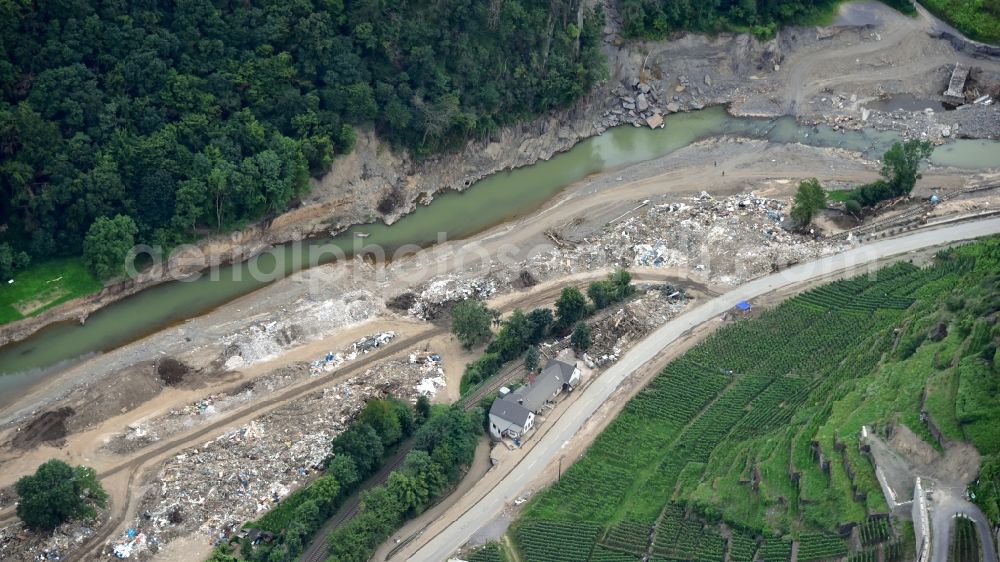 Bad Neuenahr-Ahrweiler from above - Western area of Walpozheim after the flood disaster in the Ahr valley this year in the state Rhineland-Palatinate, Germany. Temporary rubbish dumps for temporary storage of floating debris