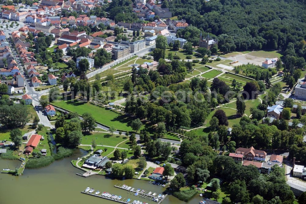 Neustrelitz from above - The western city center in the downtown area of Neustrelitz in the state of Mecklenburg - Western Pomerania. The castle park is located in the West of the centre on the lakefront of Zierker See