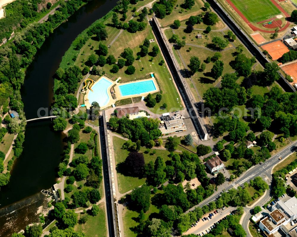 Bad Kreuznach from above - Western riverbank of the Nahe and Saline Valley in Bad Kreuznach in the state of Rhineland-Palatinate. Bad Kreuznach is a spa town and county capital and is located on the rivers Nahe and Ellerbach. An open air pool, a rehab hospital and a residence for the elderly are located on the western shore of the river