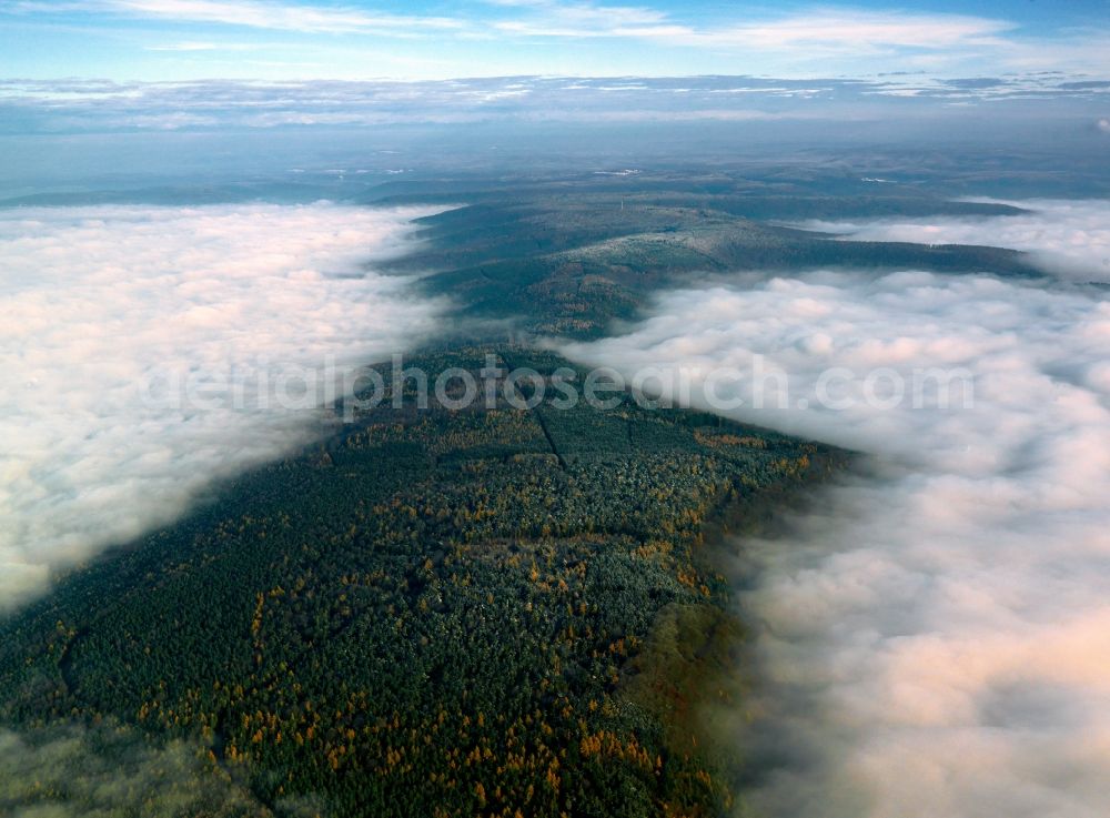 Mespelbrunn from above - Weather - landscape with mist - covered with clouds forest landscape in Bavaria Mespelbrunn