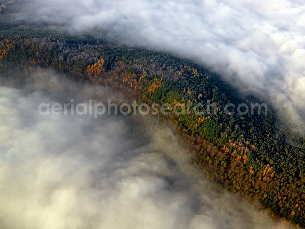 Aerial image Mespelbrunn - Weather - landscape with mist - covered with clouds forest landscape in Bavaria Mespelbrunn