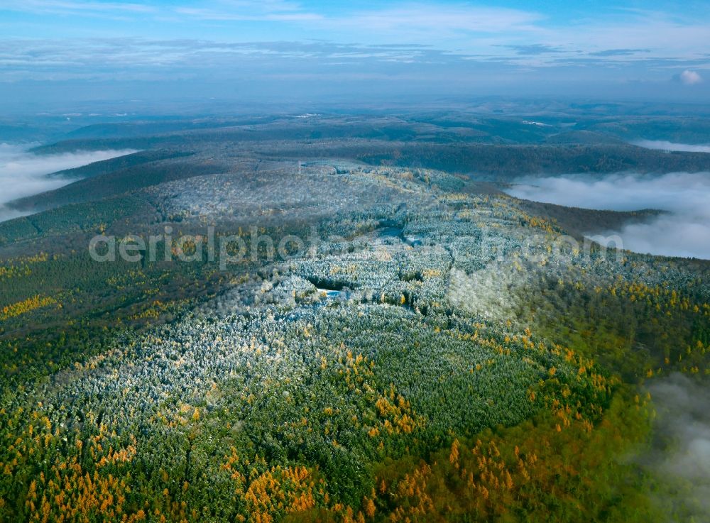 Aerial photograph Mespelbrunn - Weather - landscape with mist - covered with clouds forest landscape in Bavaria Mespelbrunn