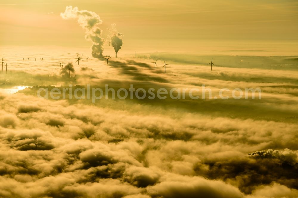 Hamburg from above - Weather-induced wind energy installations embedded in a fog layer on a field in Hamburg, Germany