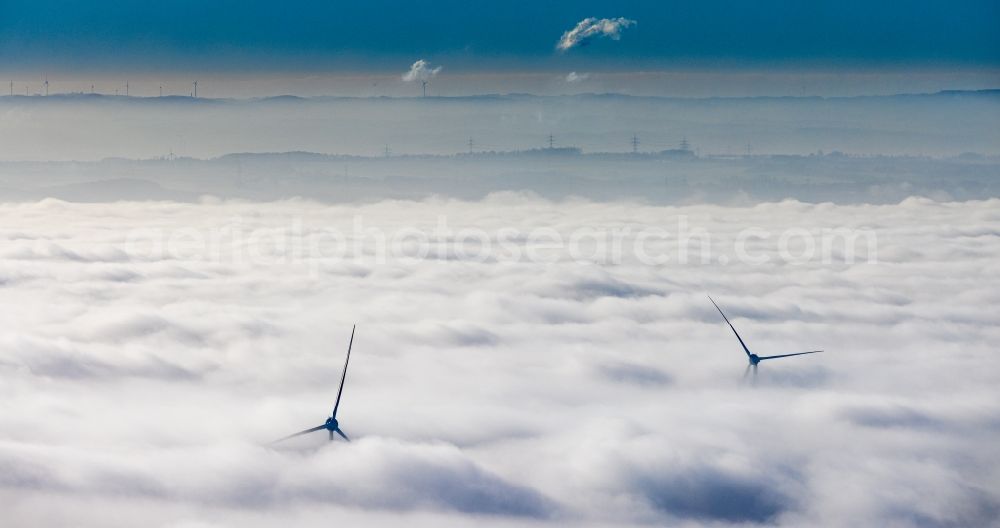 Hamm from above - Weather-induced wind energy installations embedded in a fog layer in Hamm at Ruhrgebiet in the state North Rhine-Westphalia, Germany