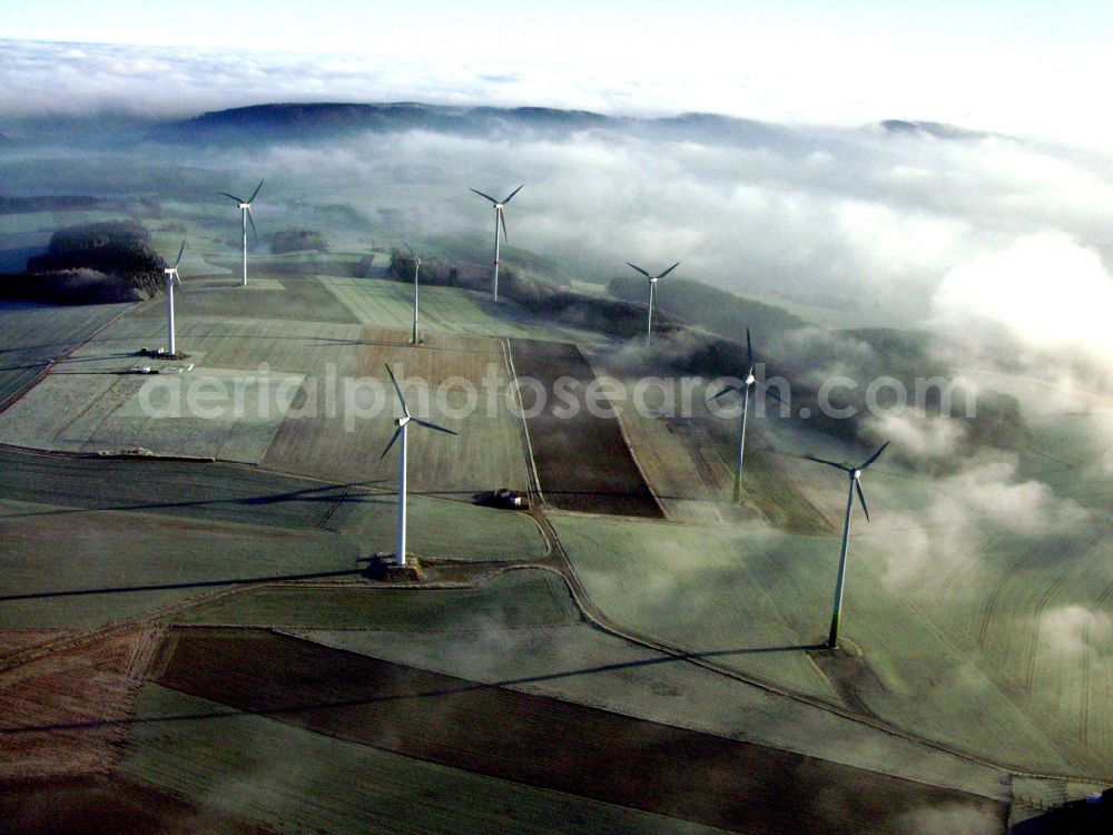 Aerial image Hessisch Oldendorf - Weather-induced wind energy installations embedded in a fog layer in Hessisch Oldendorf in the state Lower Saxony, Germany