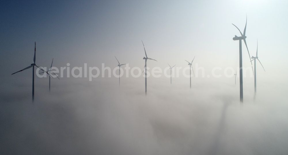 Aerial photograph Jacobsdorf - Weather-induced wind energy installations embedded in a fog layer in Jacobsdorf in the state Brandenburg, Germany