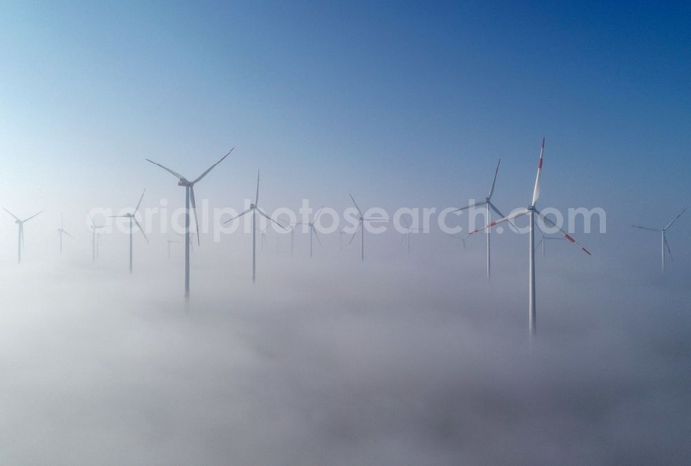 Jacobsdorf from above - Weather-induced wind energy installations embedded in a fog layer in Jacobsdorf in the state Brandenburg, Germany