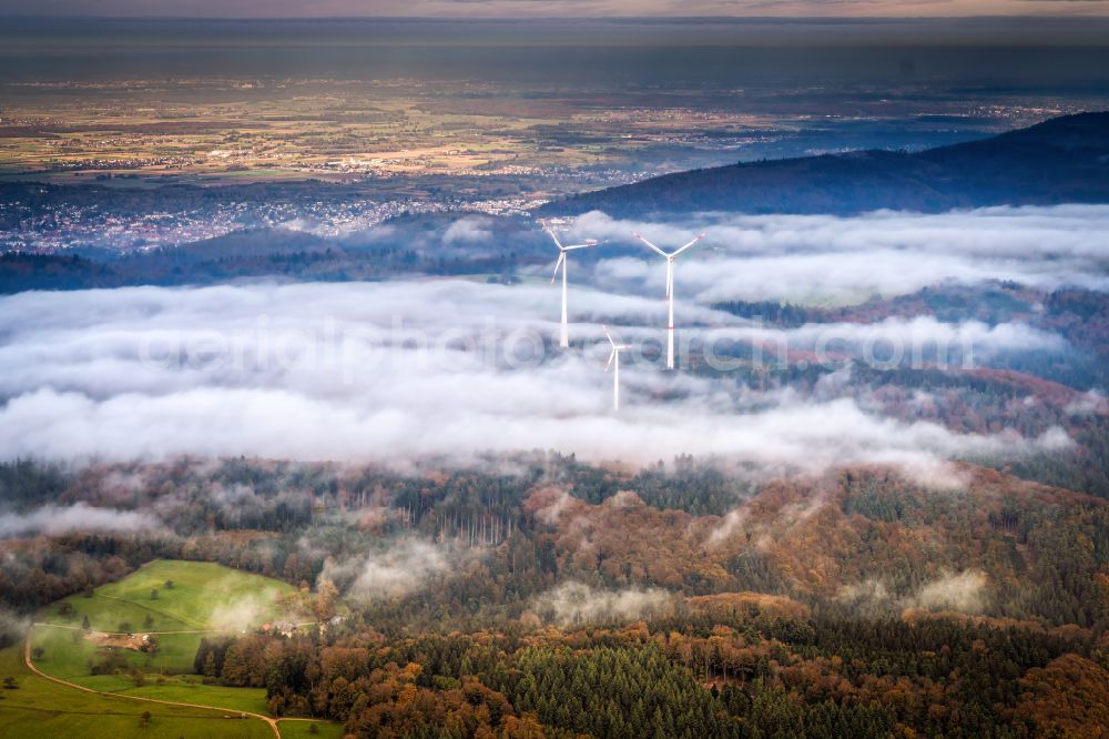 Lahr/Schwarzwald from above - Weather-induced wind energy installations embedded in a fog layer in Lahr/Schwarzwald in the state Baden-Wuerttemberg, Germany