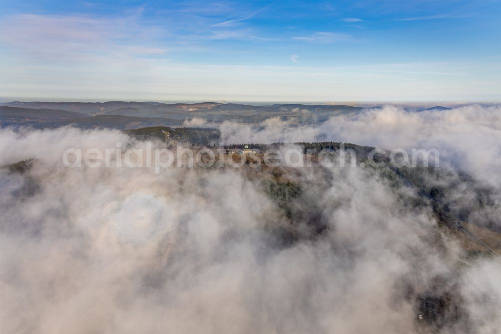 Winterberg from above - Weather with layered fog cover ueber dem Forschungs- Gebaeude Deutscher Wetterdienst Kahler Asten in Winterberg in the state North Rhine-Westphalia, Germany