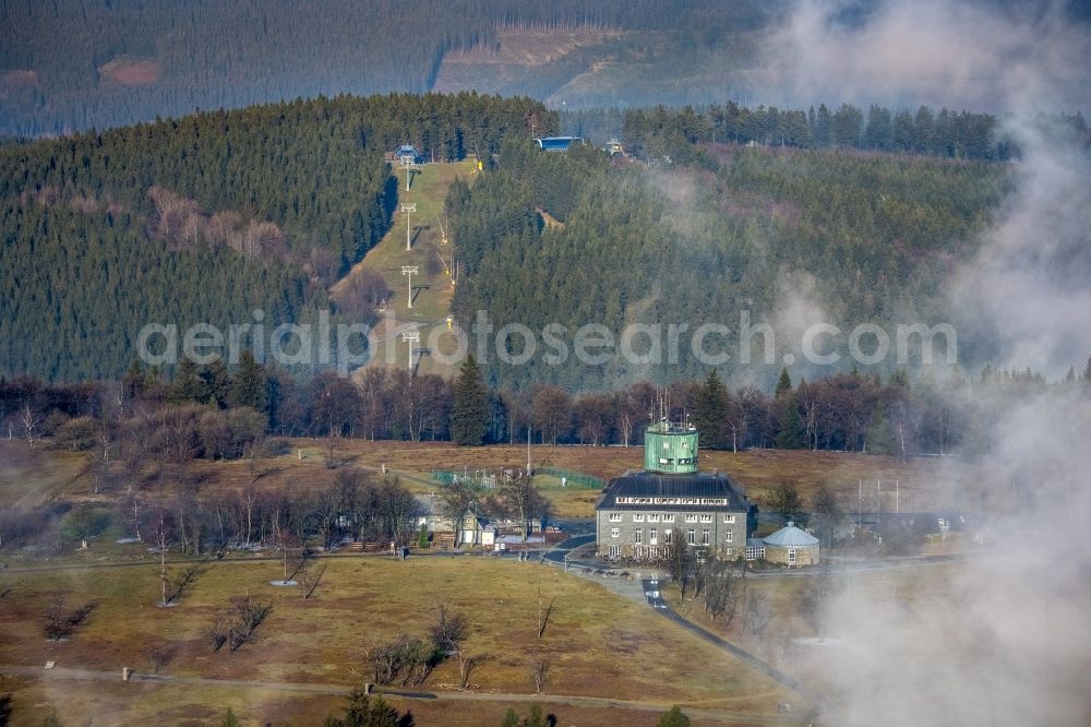 Aerial image Winterberg - Weather with layered fog cover ueber dem Forschungs- Gebaeude Deutscher Wetterdienst Kahler Asten in Winterberg in the state North Rhine-Westphalia, Germany