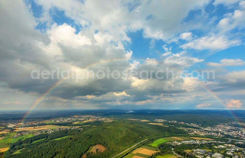 Arnsberg from the bird's eye view: Haze and precipitation conditions with rainbow formation in Arnsberg in the state North Rhine-Westphalia, Germany