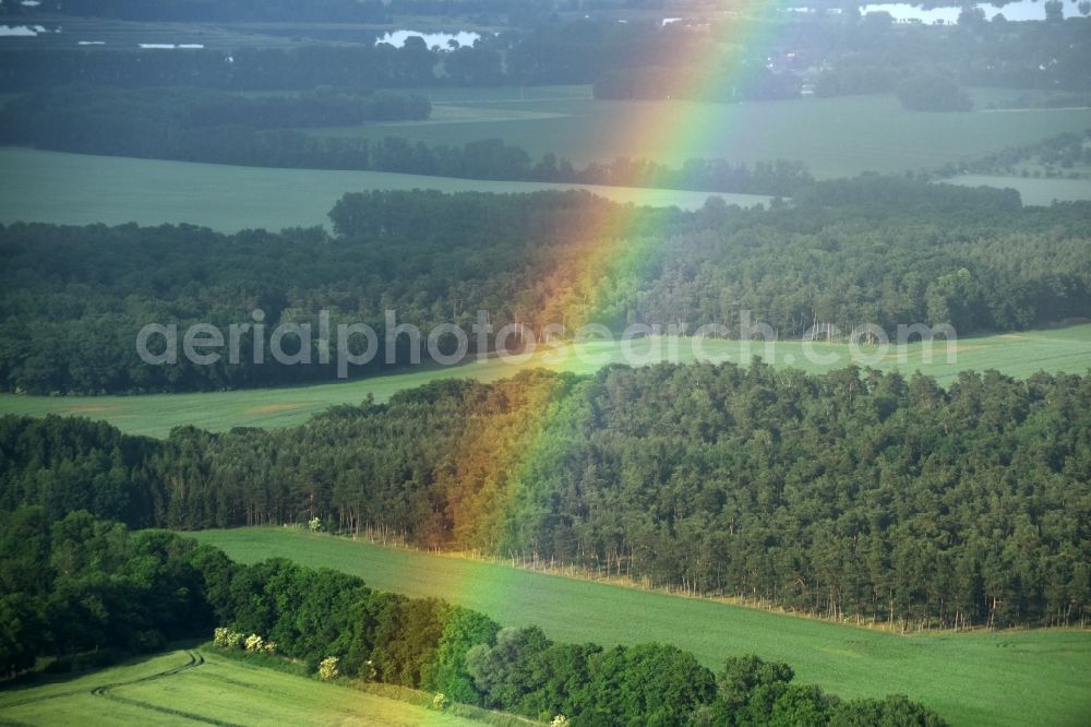 Fehrbellin from above - Haze and precipitation conditions with rainbow formation in Fehrbellin in the state Brandenburg