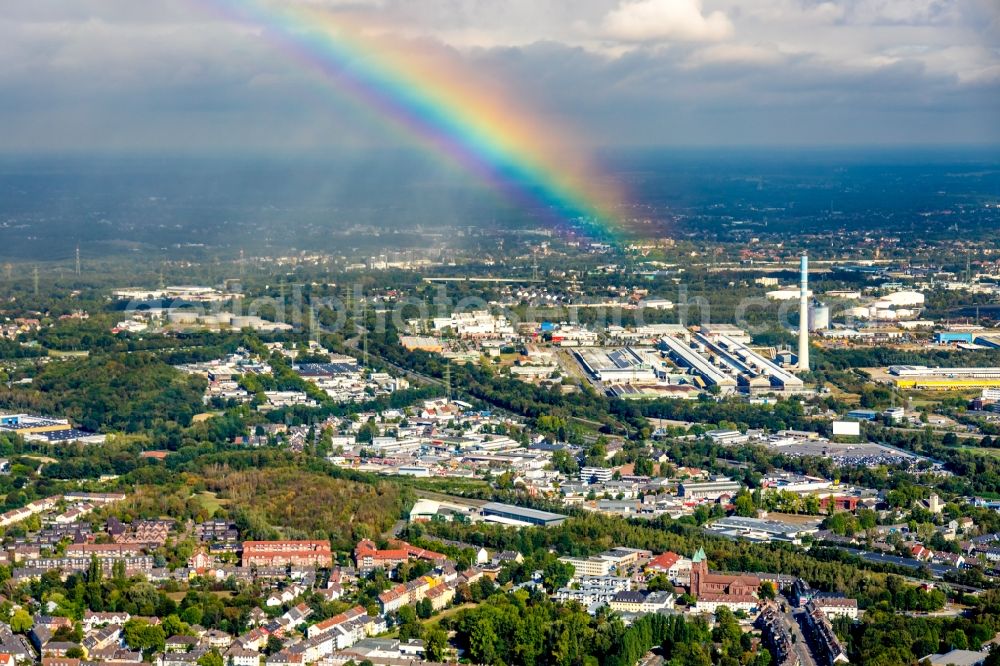 Essen from above - Haze and precipitation conditions with rainbow formation in the district Bergeborbeck in Essen in the state North Rhine-Westphalia, Germany