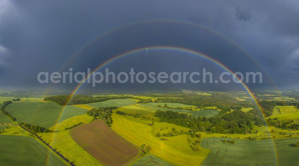 Aerial photograph Reitzendorf - Haze and precipitation conditions with rainbow formation in Reitzendorf in the state Saxony, Germany