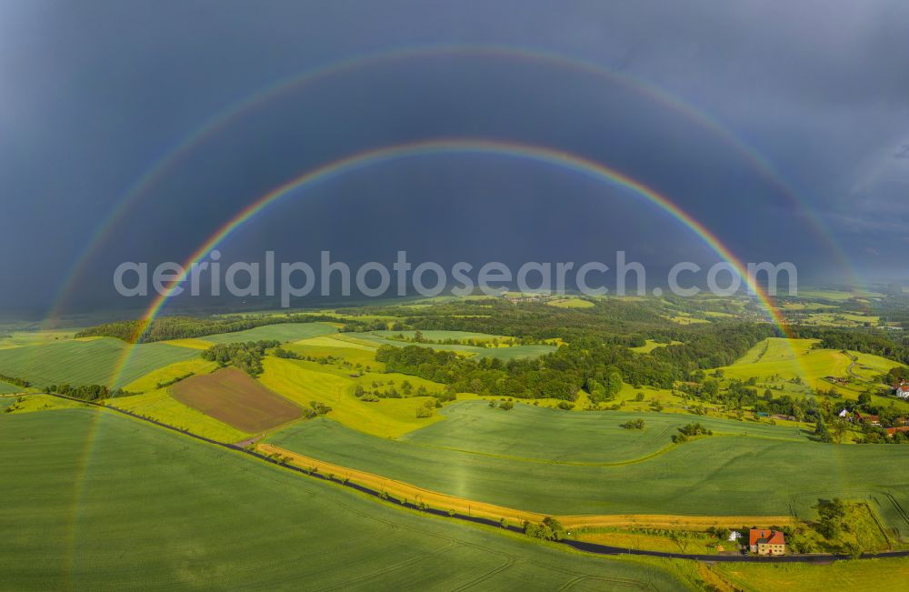 Aerial photograph Reitzendorf - Haze and precipitation conditions with rainbow formation in Reitzendorf in the state Saxony, Germany