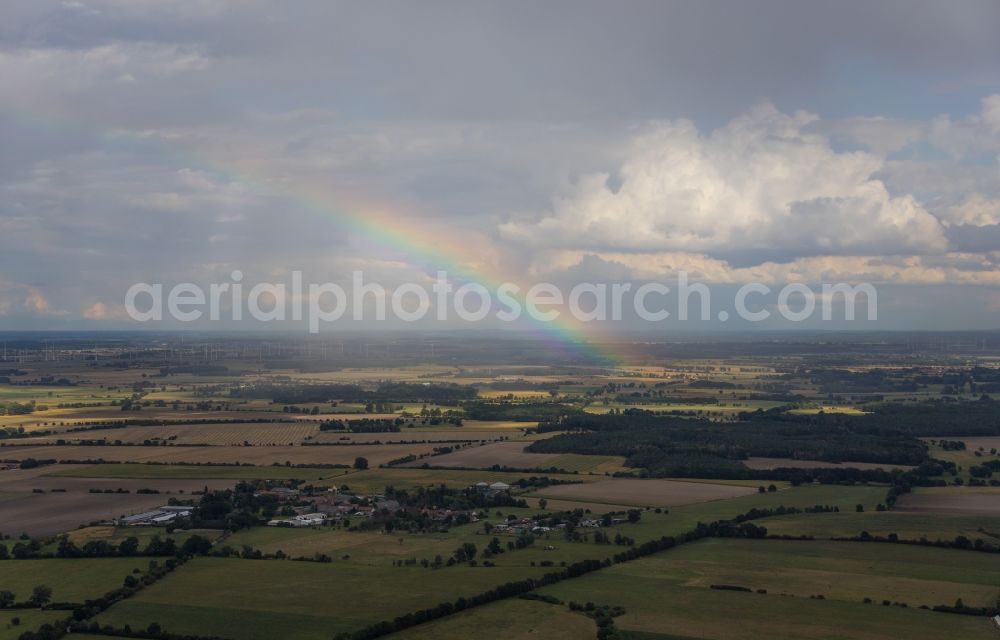 Westerdeichstrich from the bird's eye view: Haze and precipitation conditions with rainbow formation in Westerdeichstrich in the state Schleswig-Holstein, Germany