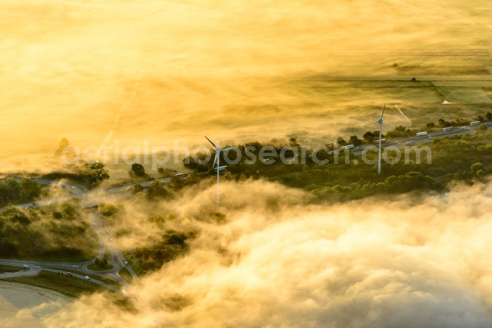 Elliehausen from the bird's eye view: Weather with layered fog cover over the BAB A7 federal motorway in Elliehausen in the state Lower Saxony, Germany