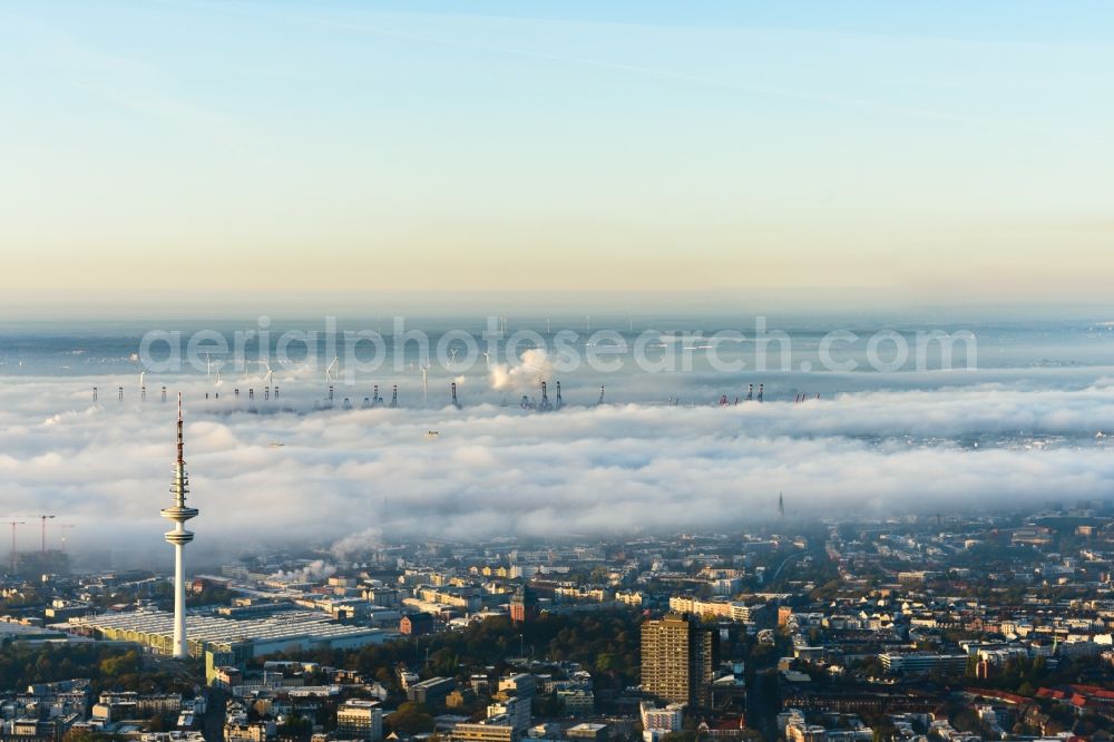 Aerial image Hamburg - Weather with layered fog cover above Hamburg downtown, Germany