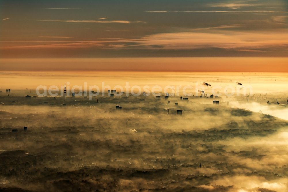 Aerial image Hamburg - Weather with layered fog cover over the city area in Hamburg, Germany