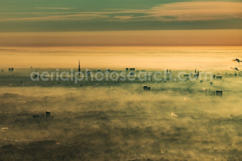 Hamburg from above - Weather with layered fog cover over the city area in Hamburg, Germany