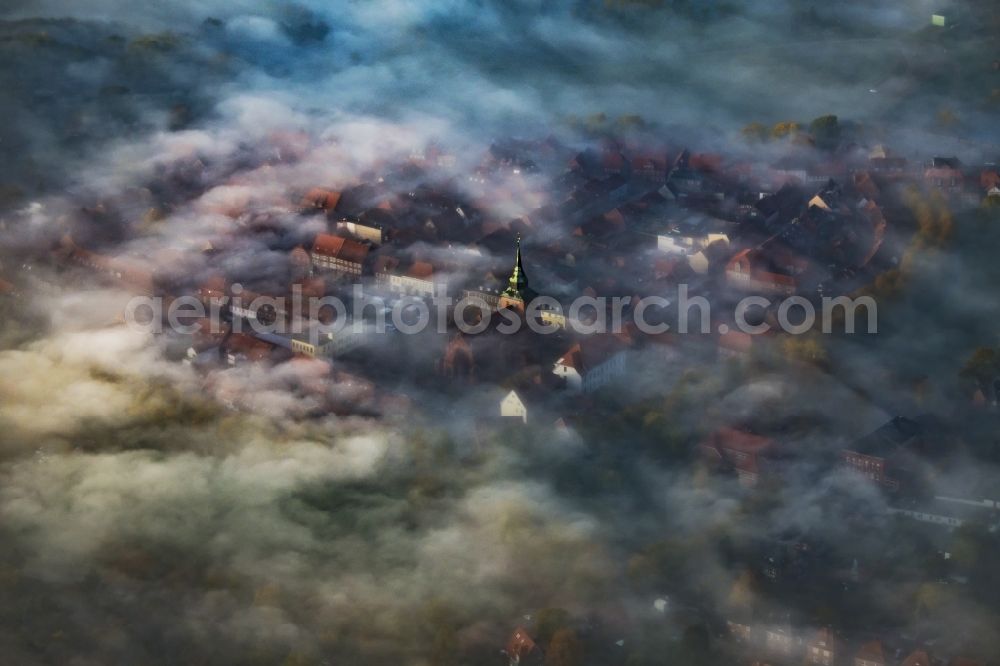 Aerial image Boizenburg/Elbe - Weather with layered fog cover in Boizenburg/Elbe in the state Mecklenburg - Western Pomerania, Germany