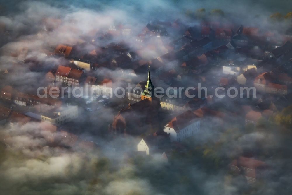 Aerial photograph Boizenburg/Elbe - Weather with layered fog cover in Boizenburg/Elbe in the state Mecklenburg - Western Pomerania, Germany