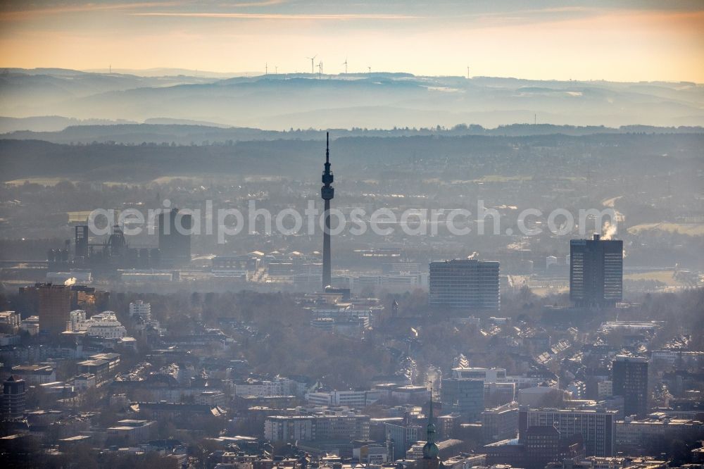 Aerial photograph Dortmund - Weather with layered fog cover around Fernsehturm Florian in the district Ruhrallee Ost in Dortmund in the state North Rhine-Westphalia, Germany