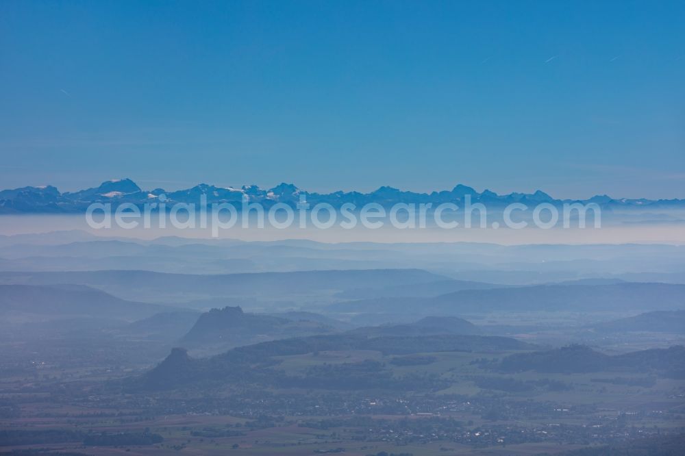 Engen from above - Weather with layered fog cover with the alps near Engen in the state Baden-Wurttemberg, Germany