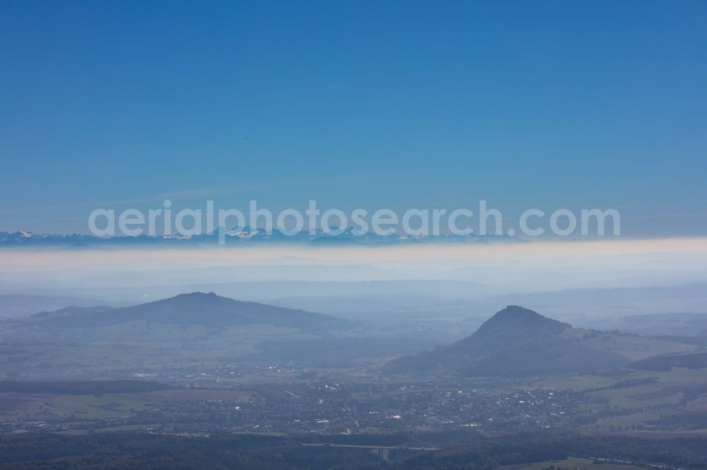 Engen from the bird's eye view: Weather with layered fog cover with the alps near Engen in the state Baden-Wurttemberg, Germany