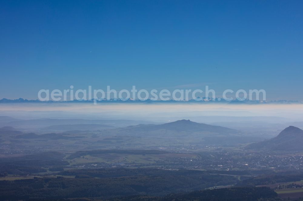 Aerial photograph Engen - Weather with layered fog cover with the alps near Engen in the state Baden-Wurttemberg, Germany