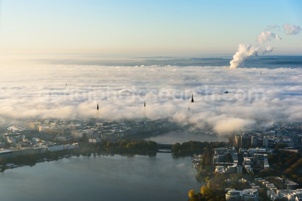 Aerial photograph Hamburg - Weather with layered fog cover above Hamburg downtown, Germany