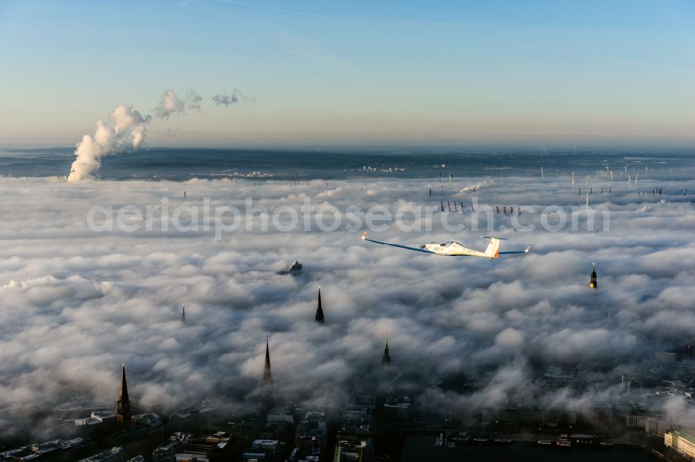 Hamburg from above - Weather with layered fog cover in Hamburg, Germany