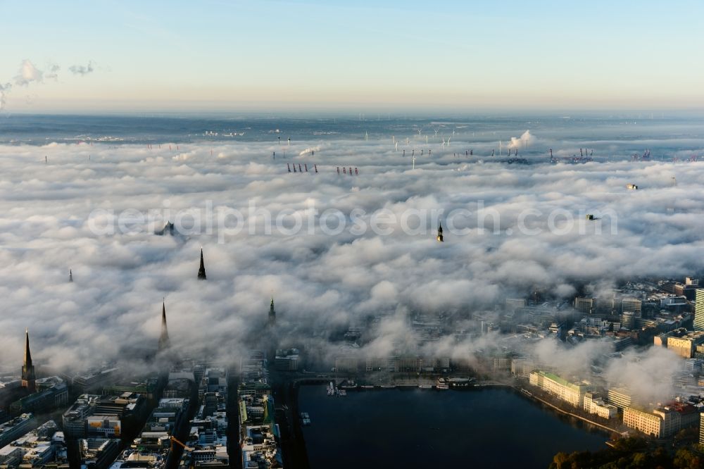 Hamburg from the bird's eye view: Weather with layered fog cover in Hamburg, Germany