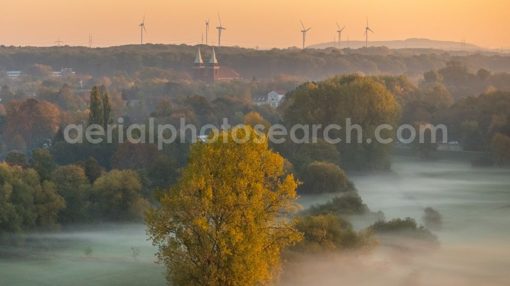 Hamm from the bird's eye view: Weather with layered fog cover in Heessen in the state North Rhine-Westphalia, Germany