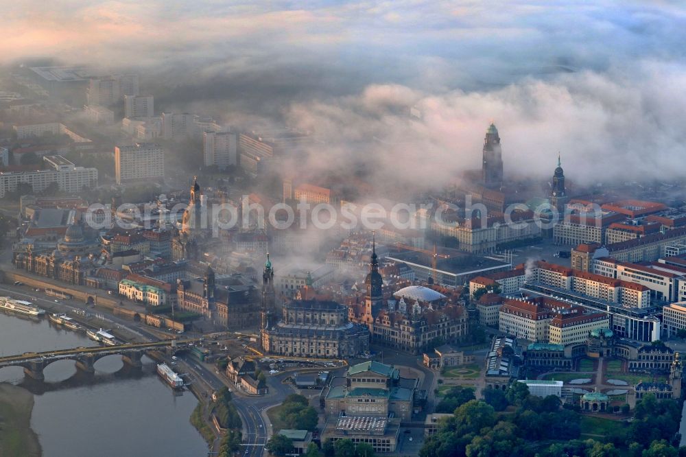 Dresden from above - Weather with layered fog cover in the district Altstadt in Dresden in the state Saxony, Germany