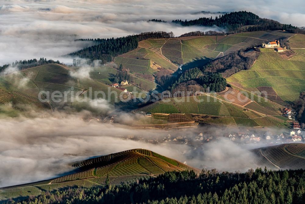 Aerial photograph Durbach - Weather with layered fog cover in den Weinbergen bei in Durbach in the state Baden-Wurttemberg, Germany