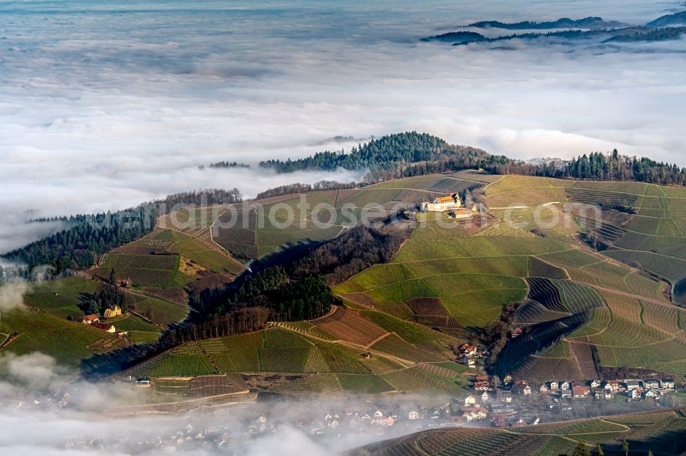 Aerial image Durbach - Weather with layered fog cover in den Weinbergen bei in Durbach in the state Baden-Wurttemberg, Germany