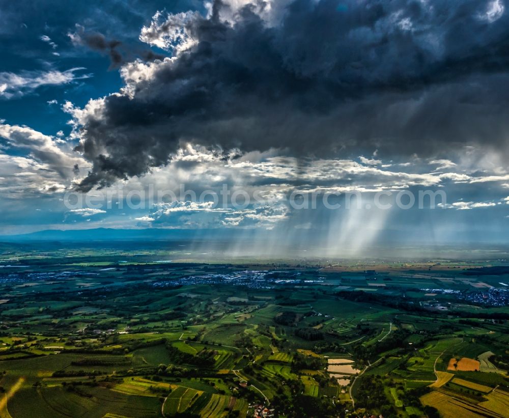 Aerial photograph Rheinhausen - Haze and precipitation conditions with rainbow formation in Rheinhausen in the state Baden-Wuerttemberg, Germany