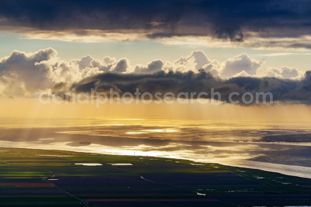 Balje from above - Weather situation with cloud formation over the Elbe in Balje in the state Lower Saxony, Germany