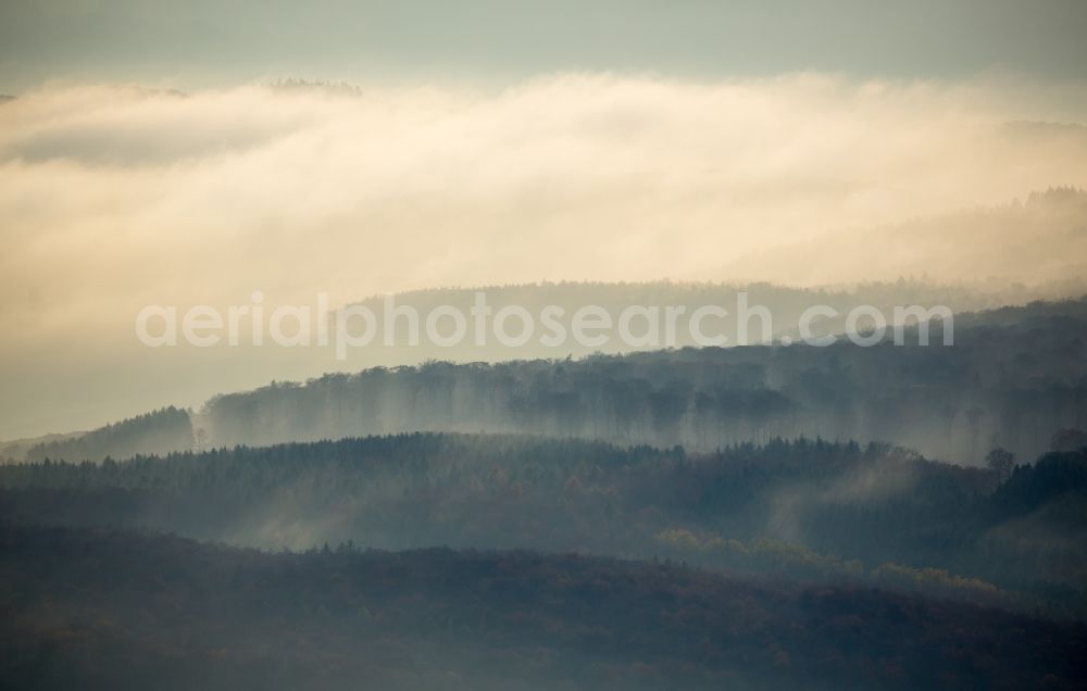 Aerial photograph Dachsenhausen - Weather conditions with cloud formation and high fog above the forest landscape at Dachsenhausen in the state Rhineland-Palatinate