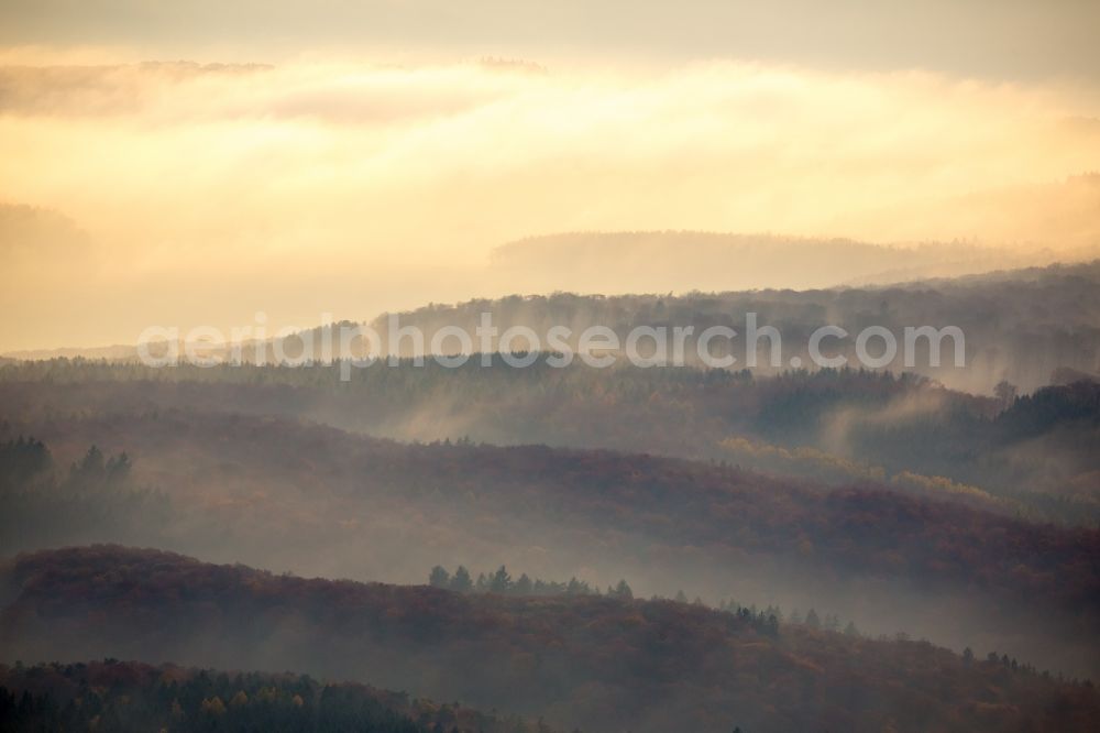 Dachsenhausen from above - Weather conditions with cloud formation and high fog above the forest landscape at Dachsenhausen in the state Rhineland-Palatinate