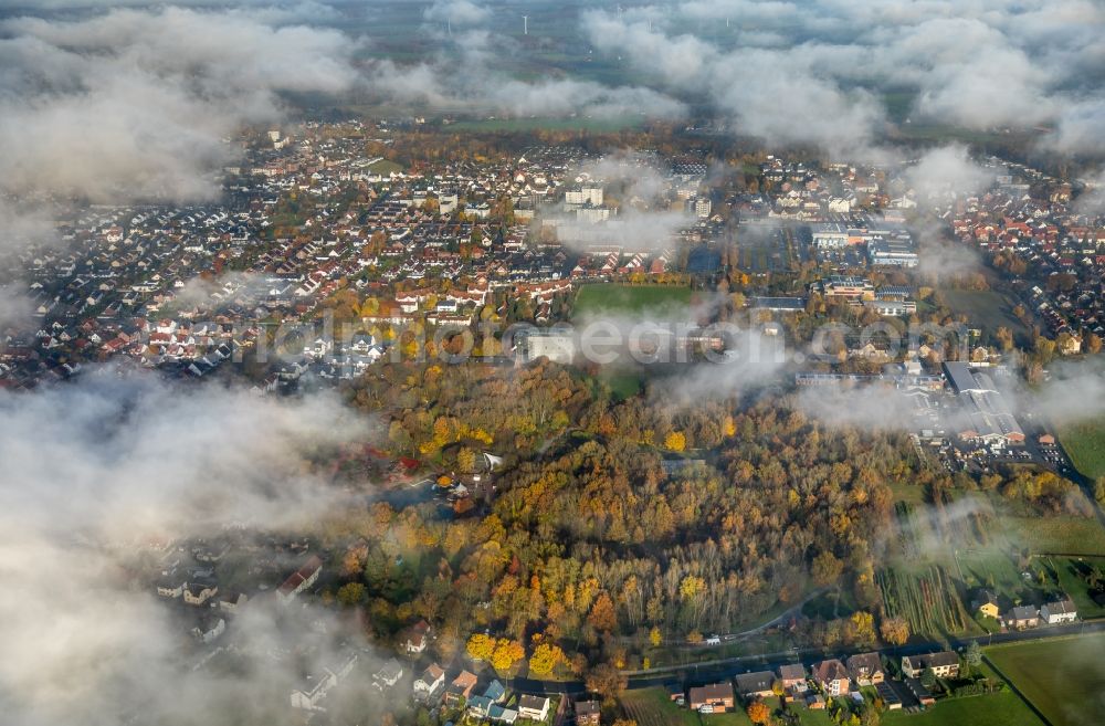 Hamm from above - Weather conditions with cloud formation over the city center in Hamm in the state North Rhine-Westphalia, Germany