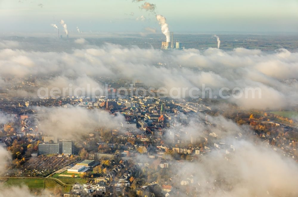 Hamm from above - Weather conditions with cloud formation over the city center in Hamm in the state North Rhine-Westphalia, Germany