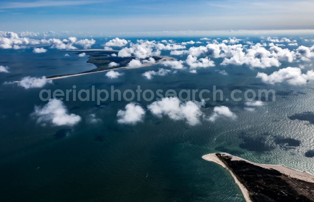 Hörnum (Sylt) from above - Weather conditions with cloud formation over the sea in Hoernum (Sylt) on the island of Sylt in the state Schleswig-Holstein, Germany. Overview of the island of Amrum