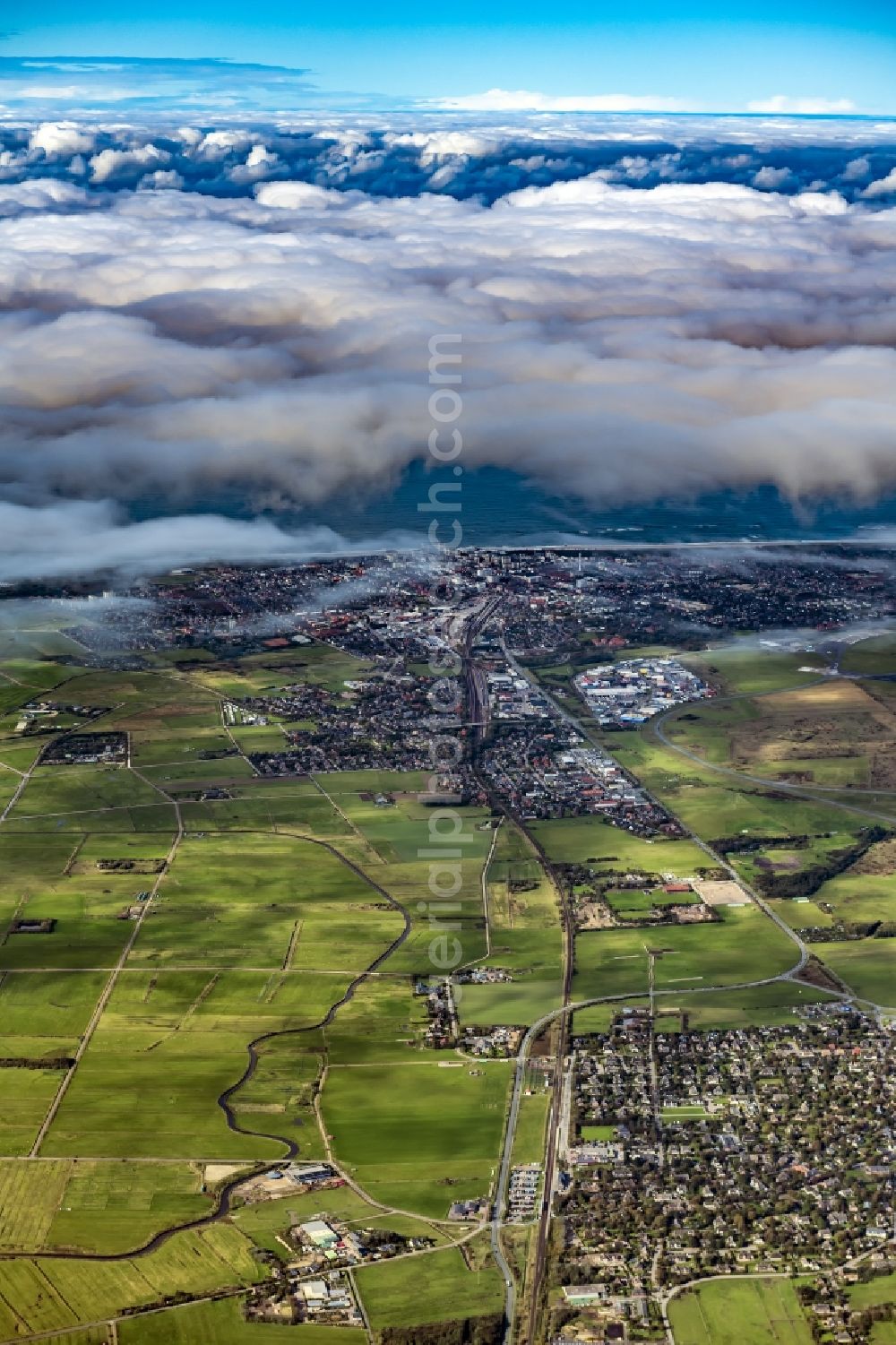 Aerial image Sylt - Weather conditions with cloud formation over the island of Sylt in the district Tinnum in Westerland in the state Schleswig-Holstein, Germany