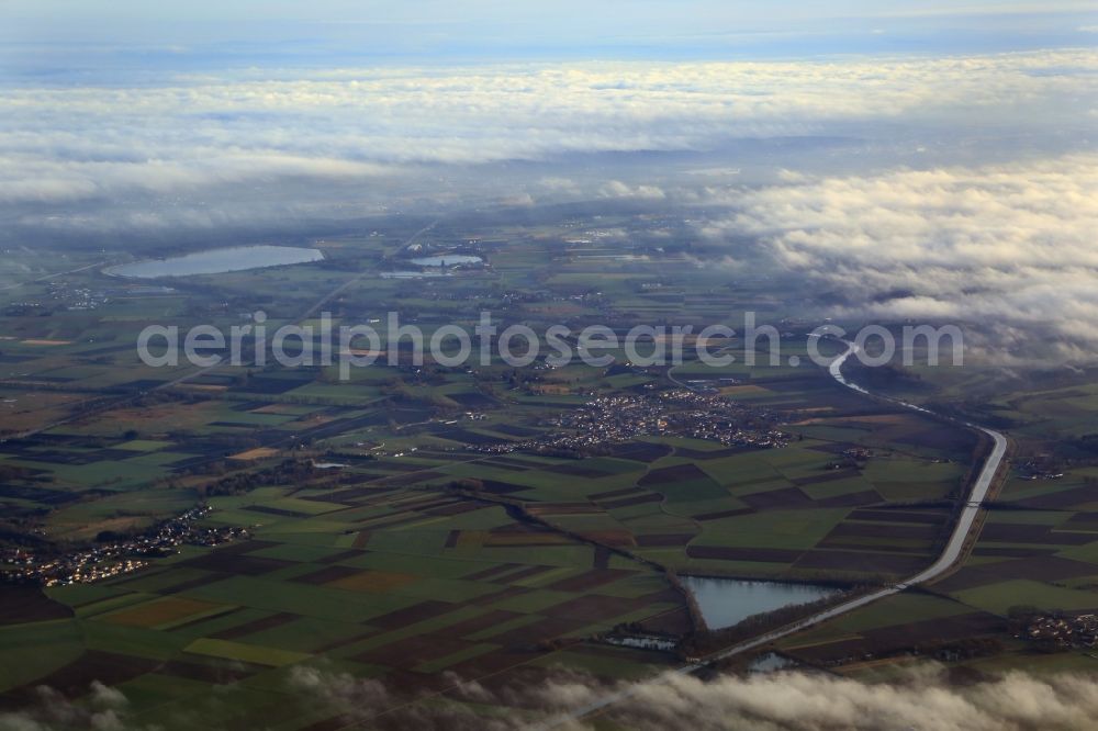 Langenpreising from the bird's eye view: Weather conditions with cloud formation und fog in Oberbayern in the area of Langenpreising in the state Bavaria